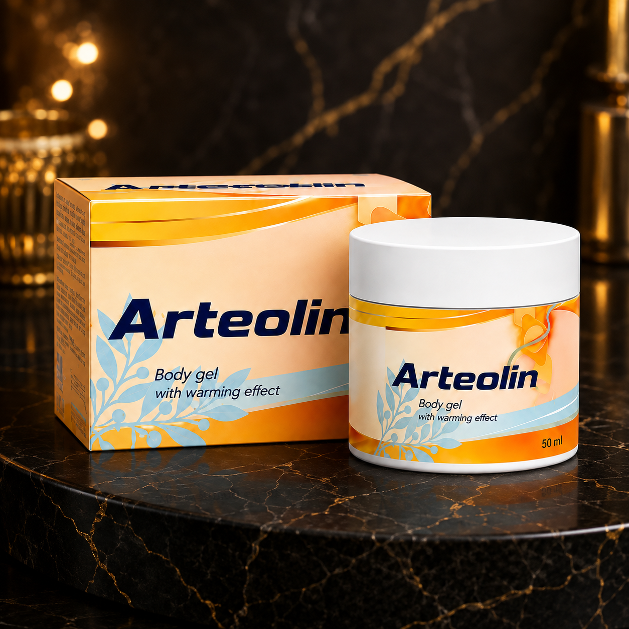 Dóza a škatuľka telového gélu Arteolin s hrejivým účinkom, 50 ml, na tmavej mramorovej doske